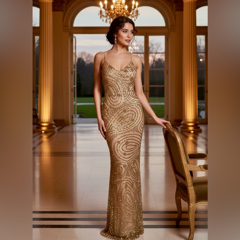 Elegant Gold hand beaded Evening Gown